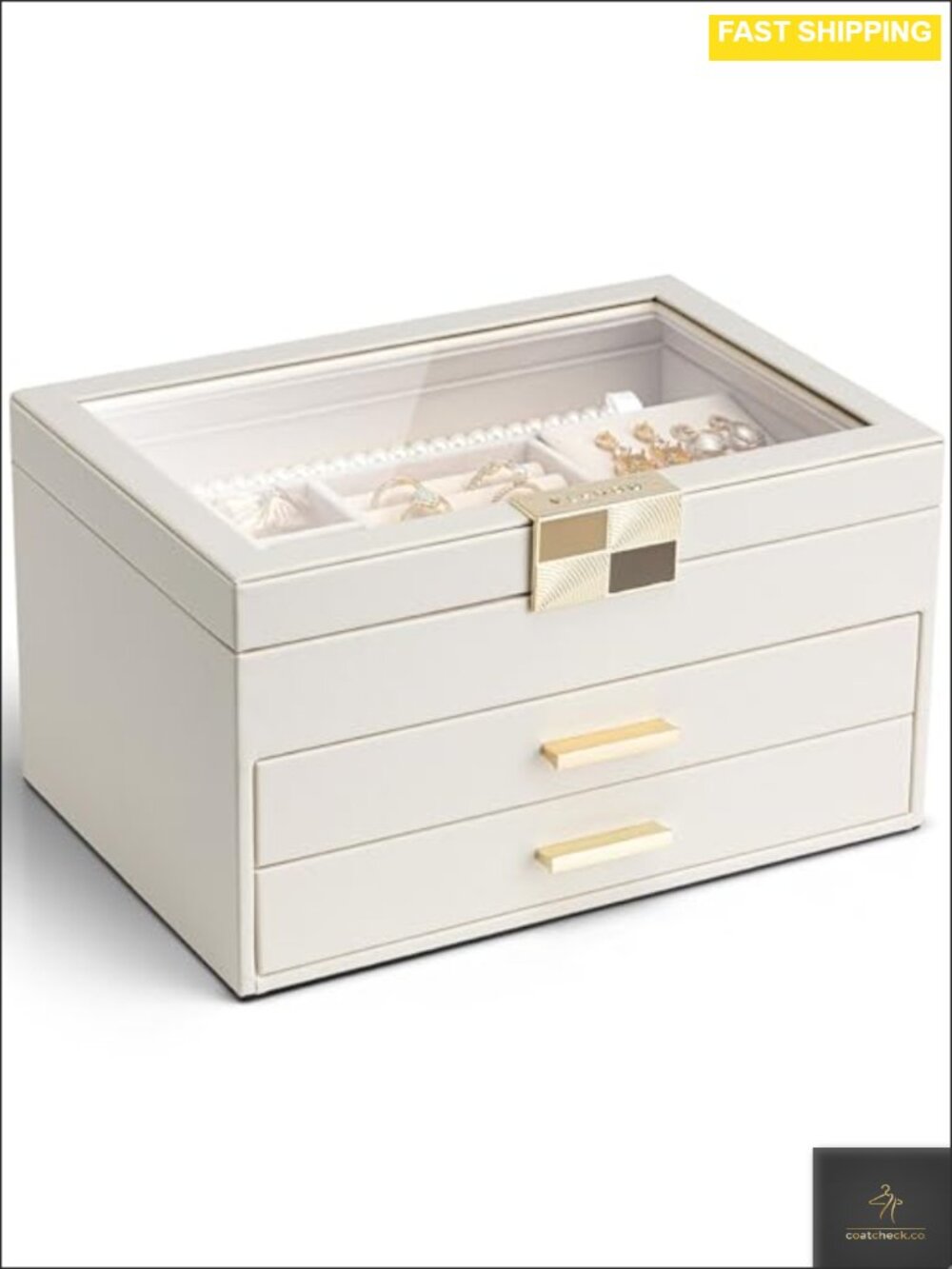 3-Layer Jewelry Box Organizer Glass Lid Velvet Lining